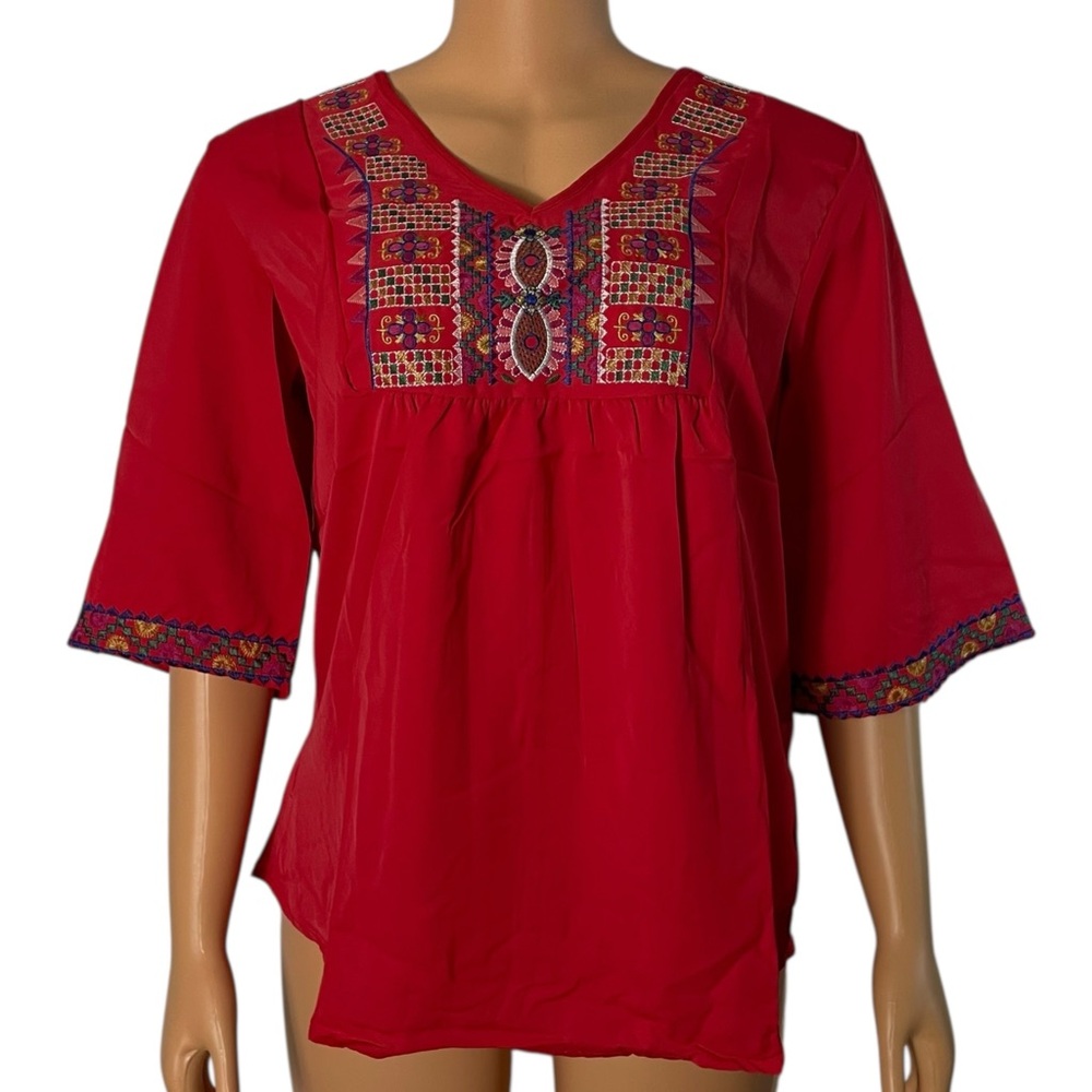 Boho Floral Embroidered Blouse for Women, Elbow-Length Sleeves, Red